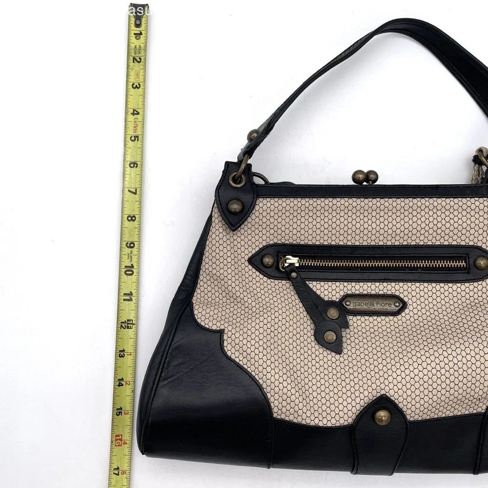VTG Y2K Isabella Fiore Black Cream Leather Embroidered Satchel Shoulder Bag